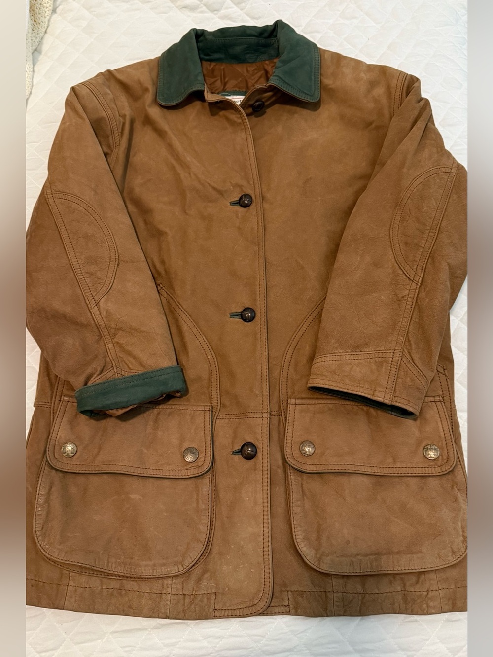 Vintage Talbots Brown Suede Utility Jacket with Dark Green Collar fully lined